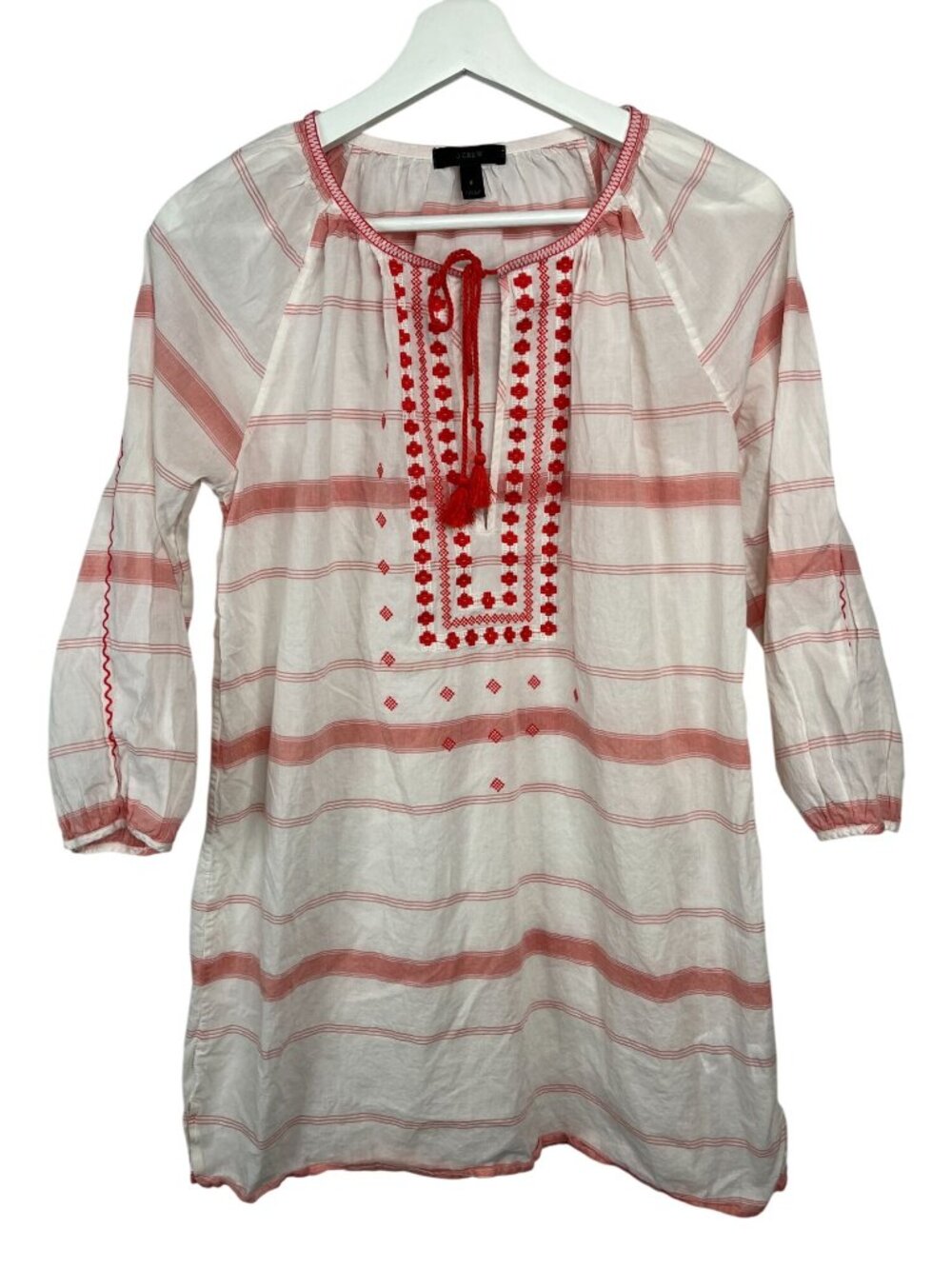 J Crew White Red Stripe Peasant Tunic Top Size S Boho Embroidered Blouse